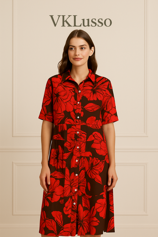 Red Bloom Shirt Dress